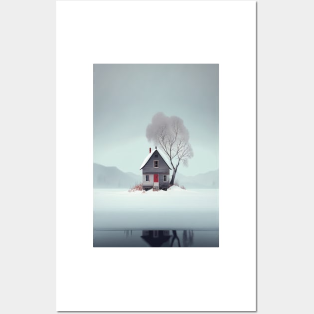 Nordic Winter Cottage Red door Minimalist Art Printable Wall Art by Abili-Tees